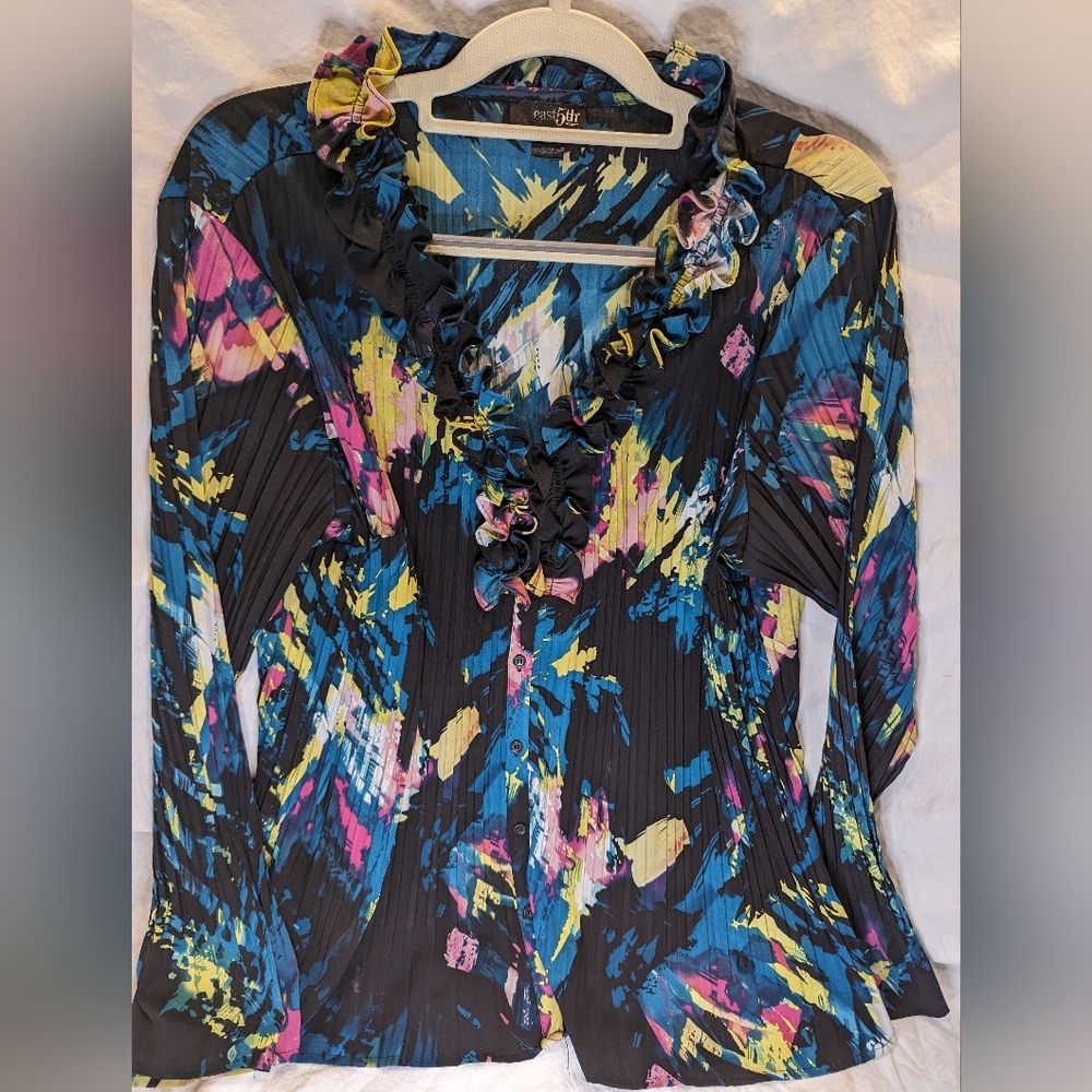 East 5th Woman's 1XL Blouse Shirt Abstract Splash Print black Yellow pink